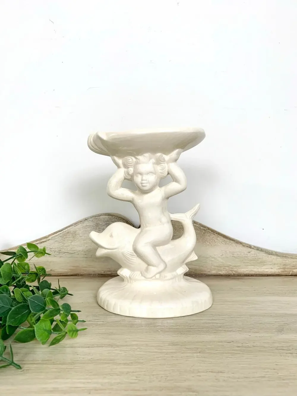 Vintage Cherub Dolphin Shell Compote Pedestal Bowl Pearlized Ceramic Coastal